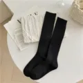 Donne calze lunghe a costine nere tinta unita ginocchio inverno accogliente calde calze moda - Nero