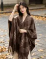 Korean style autumn winter tassel plaid poncho shawl, warm stylish outerwear for women. - Four-Line Plaid Shawl - Coffee