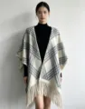 Korean style autumn winter tassel plaid cape shawl warm elegant outerwear fashion clothing - Four-Line Plaid Shawl - Beige