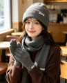 Cozy grey knit winter three-piece set including warm beanie hat scarf and comfortable gloves. - Solid Color Knitted 3-Piece Set - Charcoal Gray