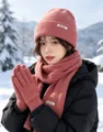 Pink winter knit beanie scarf and gloves three piece set for women, cozy cold weather snow gear. - Solid Color Knitted 3-Piece Set - Soft Pink