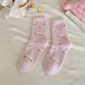Cozy pink fluffy mid-tube socks with cute cat embroidery, perfect warm winter floor socks. - All-over Cat Print