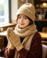 Women khaki knit winter set with beanie hat scarf gloves warm cozy chic outfit fashion apparel - Solid Color Knitted 3-Piece Set - Oatmeal