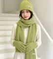 Women winter knit beanie scarf gloves set, cozy light green wool warm winter accessories. - Solid Color Knitted 3-Piece Set - Mint Green