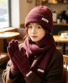 Close up detail of women winter burgundy knitted beanie hat scarf and gloves set for cozy daily wear. - Solid Color Knitted 3-Piece Set - Dark Purple