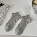 Grey ruffle trim mesh breathable short socks for women, comfortable spring summer daily wear. - One Size / Light Gray