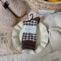 Brown checkered mulberry silk wool blend slouch socks, cozy winter knit fashion hosiery. - Coffee Plaid