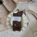 Brown silk wool blend ruffle crew socks with cute floral embroidery for cozy daily wear. - Coffee Floral
