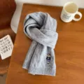 Winter grey cable knit scarf with cute embroidered bear, vintage cozy warm neck wrap for women and men. - Cable Knit Bear - Grey