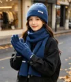 Women winter knit hat scarf and gloves set blue warm stylish cold weather accessory - Solid Color Knitted 3-Piece Set - Royal Blue