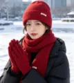 Women winter red knitted hat scarf and gloves three piece set, warm wool festival gift. - Solid Color Knitted 3-Piece Set - Wine Red