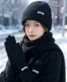 Women winter black knit hat scarf gloves set warm thick fleece lined beanie neck warmer - Solid Color Knitted 3-Piece Set - Black