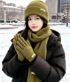 Winter knit three-piece set green beanie scarf and gloves for women warm winter wear. - Solid Color Knitted 3-Piece Set - Moss Yellow
