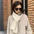 Winter solid color ribbed knit scarf for women, warm wool neck warmer, versatile minimalist Korean style. - Knit Mini Plaid - Cream White