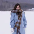 Chic winter plaid mohair scarf detail, cozy thick warm design for women fashion style. - Three-Color Plaid - Blue