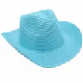 Detalle sombrero vaquero paja azul claro, sombrero de playa sol tejido para aire libre. - Azul cielo