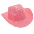 Detalle sombrero de paja rosa, estilo cowboy western, ala enrollada, ideal para la playa. - Rosa oscuro