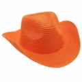 Detalle sombrero de paja naranja, textura ala curvada primer plano, protección sola playa verano. - Naranja