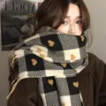 Chic black and white plaid winter scarf with cute yellow hearts, warm and trendy fashion. - Heart Grid - Black