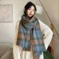 Cozy blue brown plaid winter scarf with fringe, stylish warm apparel accessory for women. - Same Style as Bai Baihe