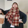 Red beige plaid scarf for women, cozy winter warm fringe shawl, cute Korean style chic. - Red Grid