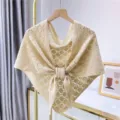 Beige knitted hollow shawl, lightweight mesh design for summer office and AC rooms. - Off White