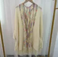 Femme boheme évidée tricoté châle poncho pompon franges décontracté cardigan ouvert extérieur - Poncho ajouré à franges - blanc cassé