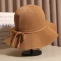 Women breathable knitted straw hat summer wide brim sun protection beach fisherman hat - Caramel color
