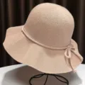 Beige Knitted Sun Hat Summer Women Breathable Fisherman Hat Beach Wide Brim Sun Protection Cap - Light Pink