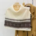 Vintage fair isle turtleneck knitted cape scarf, elegant winter warm layering outer collar. - Cream