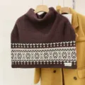 Retro Fair Isle turtleneck knitted shawl scarf for women, cozy winter cape and warm neck warmer. - Coffee