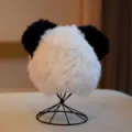 Detailed view of the cute plush panda winter hat, featuring fluffy black and white ears. - Panda Ears Rabbit Fur - White with Black Ears