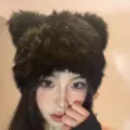 Detailed shot of thick plush bear ear winter hat, warm faux fur warm cap for cold days. - Panda Ears Rabbit Fur - Black