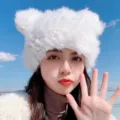 Cute white plush bear ear hat for women, thick warm winter fuzzy cap for cold weather daily wear. - Panda Ears Rabbit Fur Hat - White