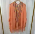 Femme poncho en tricot ajouré franges rayures colorées châle cape plage haut été - Cape ajourée à franges - Orange