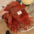 Bufanda de invierno a cuadros rojos con flecos para mujer, calentador de cuello. - Rojo