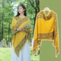 Outdoor casual knitted shawl with fringe ethnic geometric pattern women winter warm cape - Diamond Plaid Cloak / Yellow