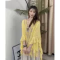 Women ethnic hollow knitted shawl colorful stripe fringe cape stylish outerwear for travel. - Hollow-Out Tassel Cape - Yellow