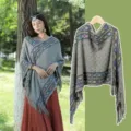 Cozy grey knitted poncho with colorful ethnic patterns, fringe hem, perfect outdoor cape. - Diamond Plaid Cloak / Gray