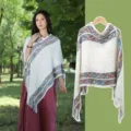 Outdoor vacation knitted poncho with colorful geometric borders and tassels for travel. - Diamond Plaid Cloak / White