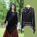Black knit poncho for women, stylish fringe cape with colorful geometric patterns for outdoor travel. - Diamond Plaid Cloak / Black