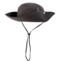 Dark brown outdoor sun protection bucket hat with adjustable chin strap and metal eyelets. - Brown