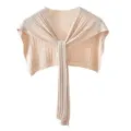 Detailed view of women's knitted hollow-out shawl with elegant front tie straps and soft texture. - Striped Shawl - Beige