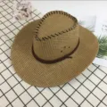 Summer straw cowboy hat for men, classic braided sun hat with band, outdoor beach fishing cap. - Western Cowboy Small Plaid Hat / Small Plaid Light Coffee