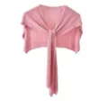 Detail view of a pink knitted bolero shawl with front tie, soft thin ice silk texture. - Striped Shawl - Pink