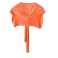 Details of the orange knitted knit shawl capelet featuring a stylish front tie design. - Striped Shawl - Orange