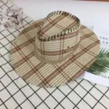 Summer men's woven straw hat, western cowboy style, outdoor sun protection beach fishing cap. - Large Plaid Burgundy
