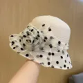 Women White Polka Dot Organza Hat Summer Floral Bucket Hat Casual Chic Beach Cap - White