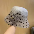 Elegant grey organza polka dot bucket hat for women with floral decor, breathable summer sun hat. - Gray