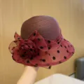 Summer women's burgundy organza polka dot flower bucket hat breathable elegant sun hat - Burgundy